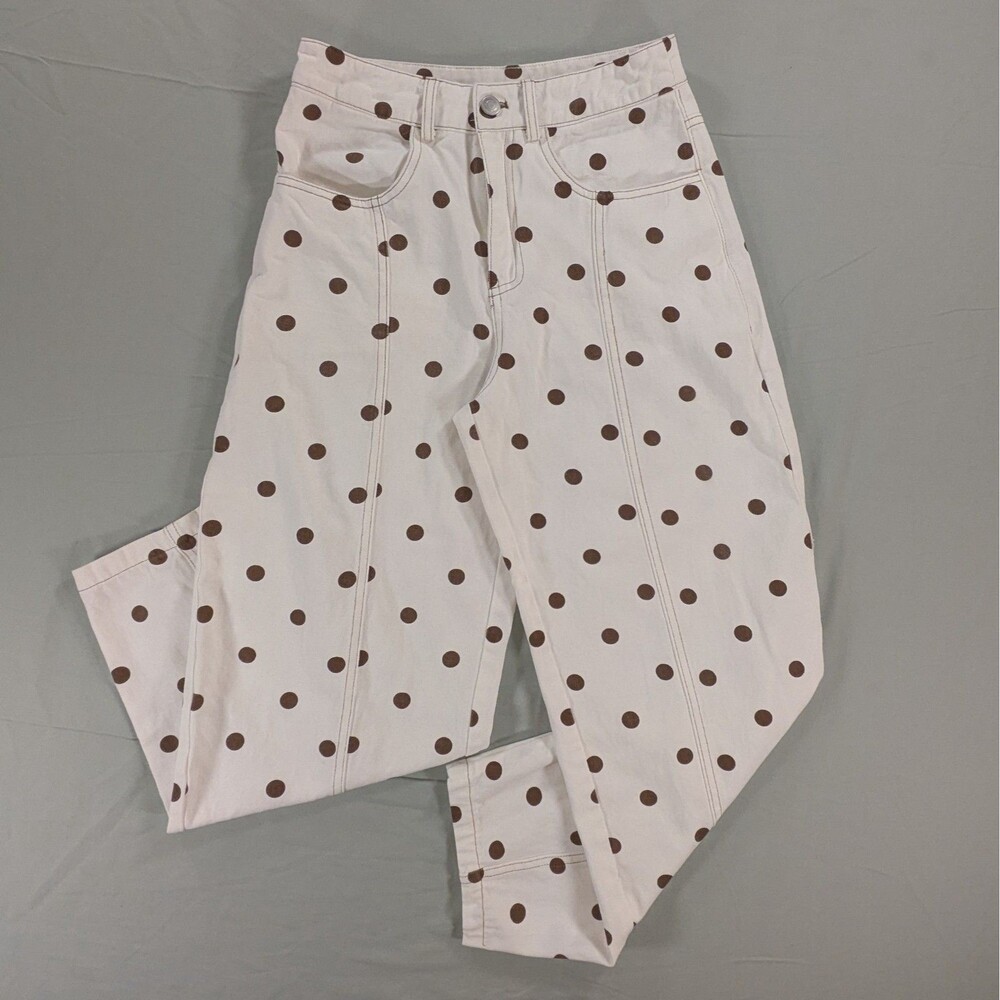Womens Cropped Pants White Brown Polkadot Cotton Size Small